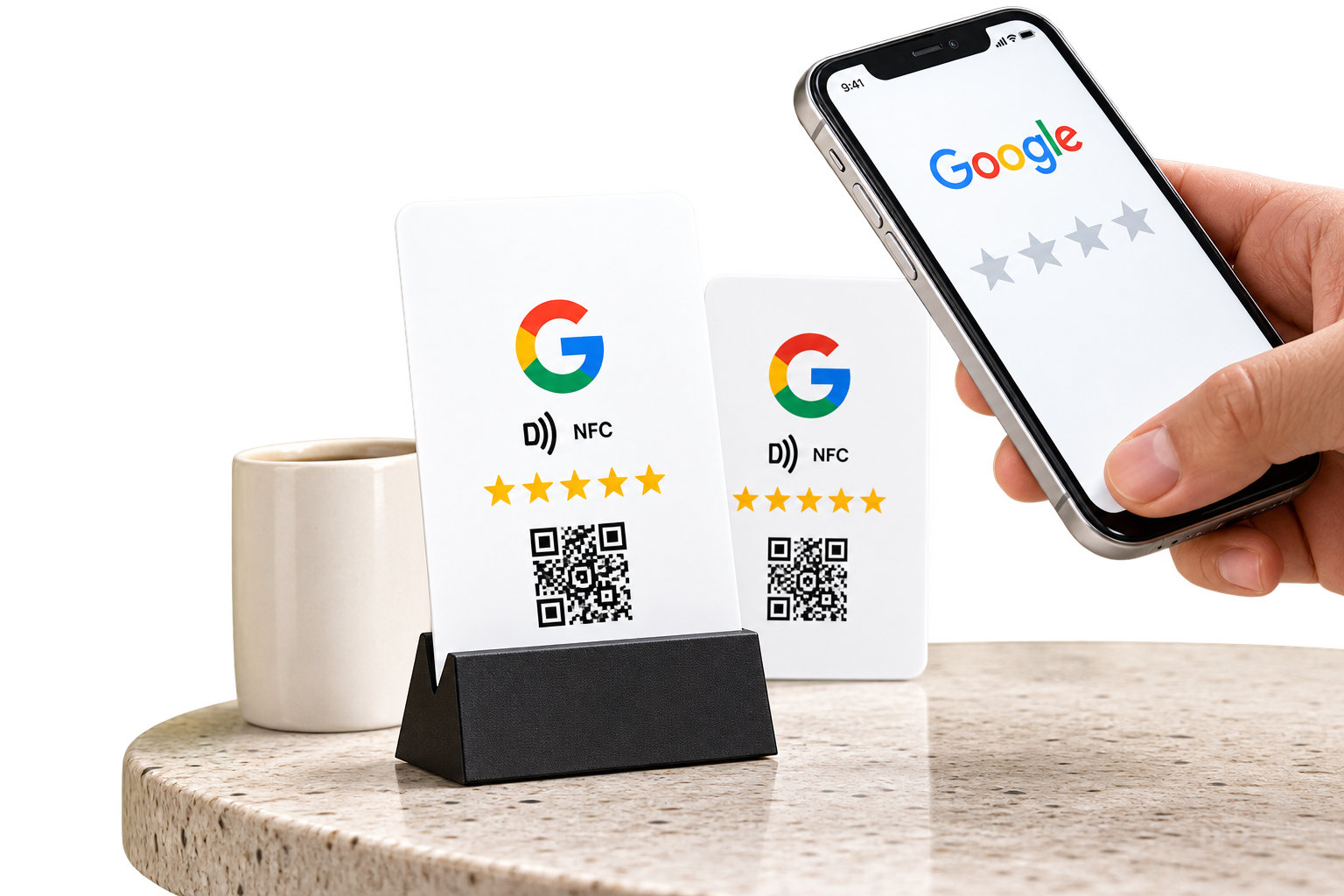 A customer tapping a Google review card with their phone